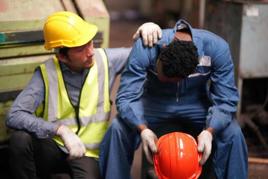Workers wearing protective equipment reviewing workplace safety procedures